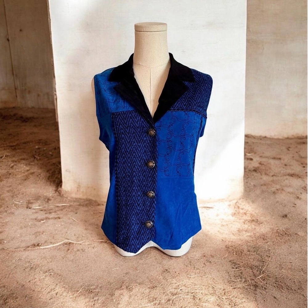 Sisko VTG Blue Black Patchwork Embroidered Button Front Vest Ornate‎ Buttons S